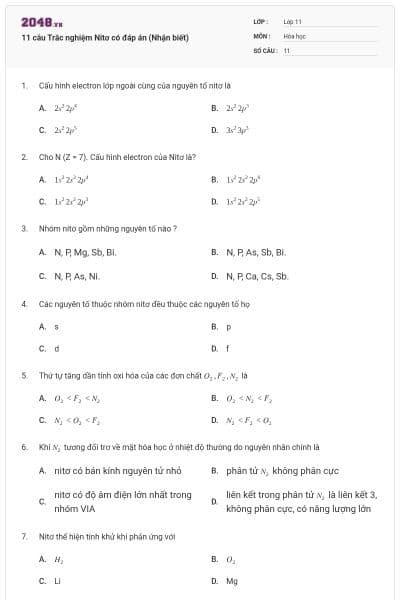11 câu  Trắc nghiệm Nitơ có đáp án (Nhận biết)