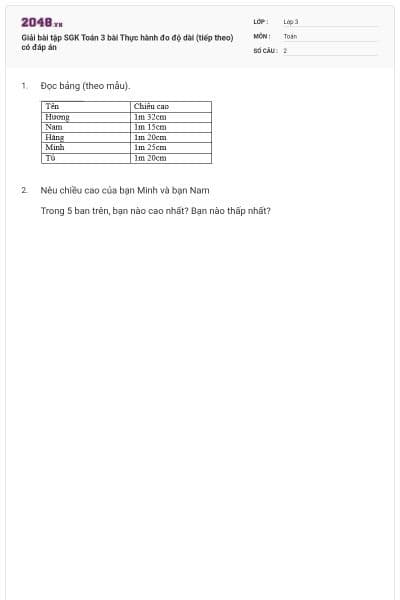Giải bài tập SGK Toán 3 bài Thực hành đo độ dài (tiếp theo) có đáp án