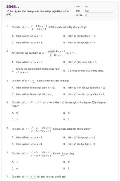 10 Bài tập Xét tính liên tục của hàm số tại một điểm (có lời giải)