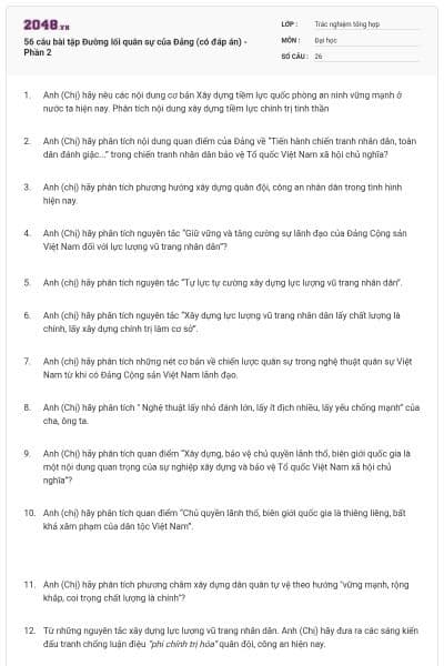 56 câu bài tập Đường lối quân sự của Đảng (có đáp án) - Phần 2