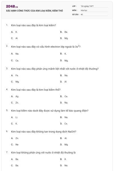 XÁC ĐỊNH CÔNG THỨC CỦA KIM LOẠI KIỀM, KIỀM THỔ