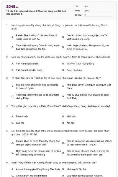 19 câu trắc nghiệm Lịch sử 9 Chân trời sáng tạo Bài 5 có đáp án (Phần 5)