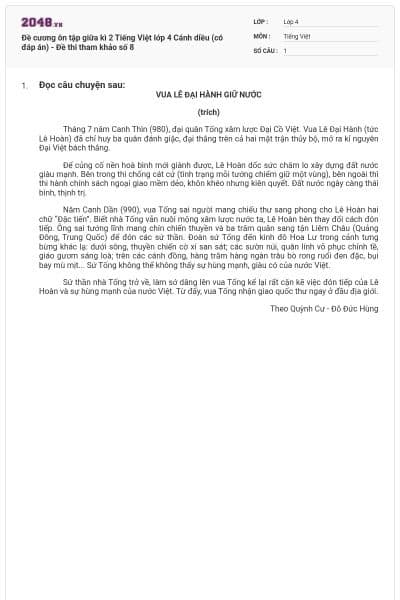 Đề cương ôn tập giữa kì 2 Tiếng Việt lớp 4 Cánh diều (có đáp án) - Đề thi tham khảo số 8
