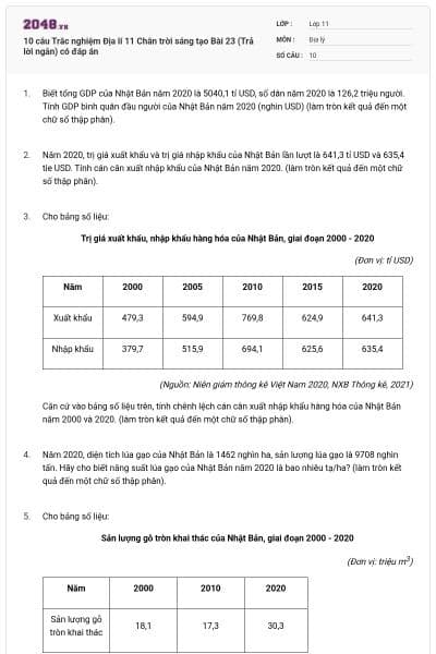10 câu Trắc nghiệm Địa lí 11 Chân trời sáng tạo Bài 23 (Trả lời ngắn) có đáp án