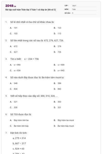 Bài tập cuối tuần Toán lớp 3 Tuần 1 có đáp án (Đề số 2)