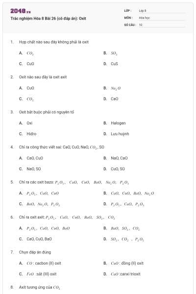Trắc nghiệm Hóa 8 Bài 26 (có đáp án): Oxit