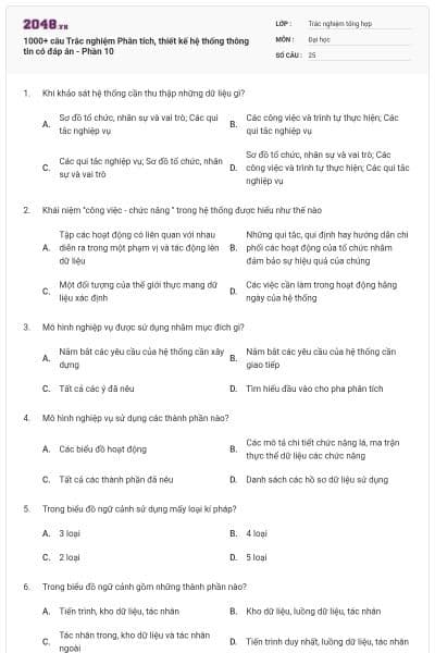 1000+ câu Trắc nghiệm Phân tích, thiết kế hệ thống thông tin có đáp án - Phần 10