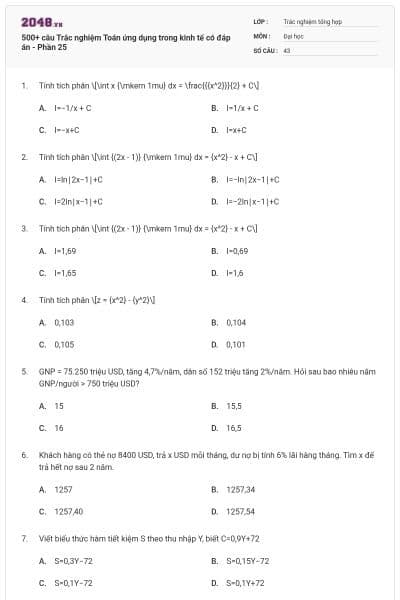 500+ câu Trắc nghiệm Toán ứng dụng trong kinh tế có đáp án - Phần 25