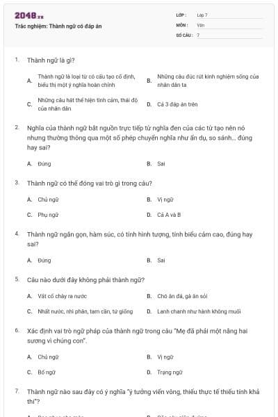 Trắc nghiệm: Thành ngữ có đáp án