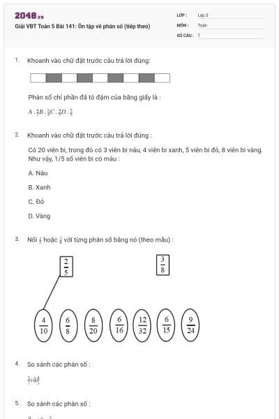 Giải VBT Toán 5 Bài 141: Ôn tập về phân số (tiếp theo)