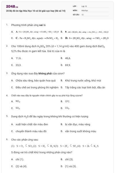 20 Bộ đề ôn tập Hóa Học 10 có lời giải cực hay (Đề số 14)