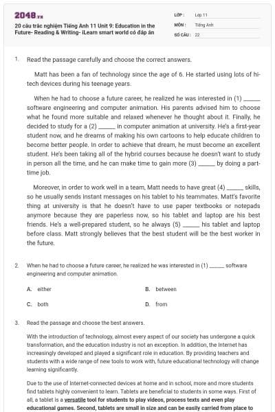 20 câu trắc nghiệm Tiếng Anh 11 Unit 9: Education in the Future- Reading & Writing- iLearn smart world có đáp án
