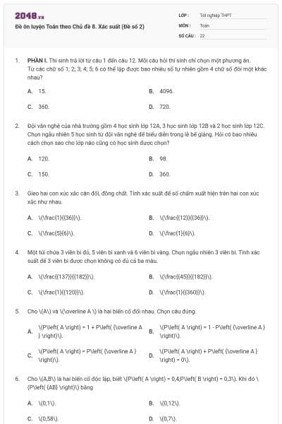 Đề ôn luyện Toán theo Chủ đề 8. Xác suất (Đề số 2)