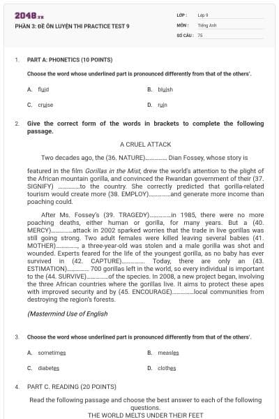 PHẦN 3: ĐỀ ÔN LUYỆN THI  PRACTICE TEST 9