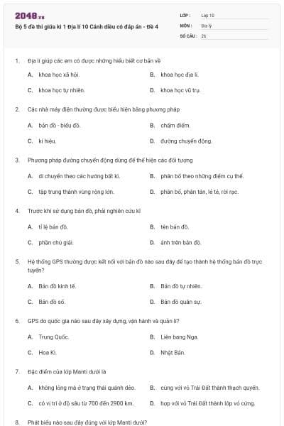 Bộ 5 đề thi giữa kì 1 Địa lí 10 Cánh diều có đáp án - Đề 4