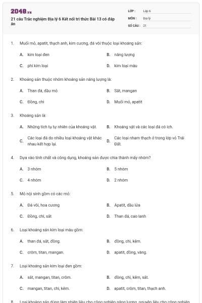21 câu Trắc nghiệm Địa lý 6 Kết nối tri thức Bài 13 có đáp án