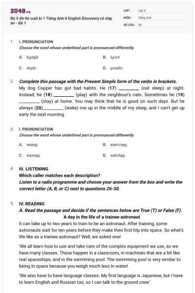 Bộ 5 đề thi cuối kì 1 Tiếng Anh 6 English Discovery có đáp án - Đề 1