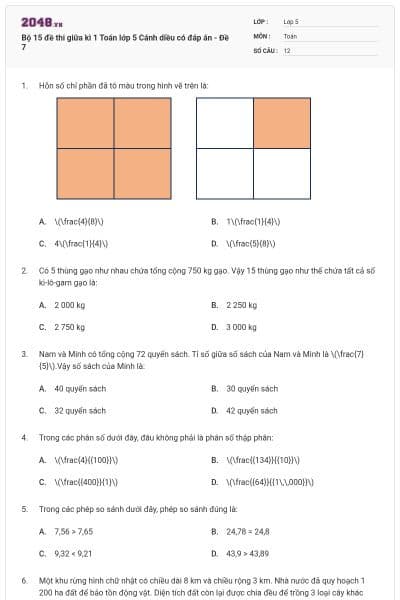 Bộ 15 đề thi giữa kì 1 Toán lớp 5 Cánh diều có đáp án - Đề 7