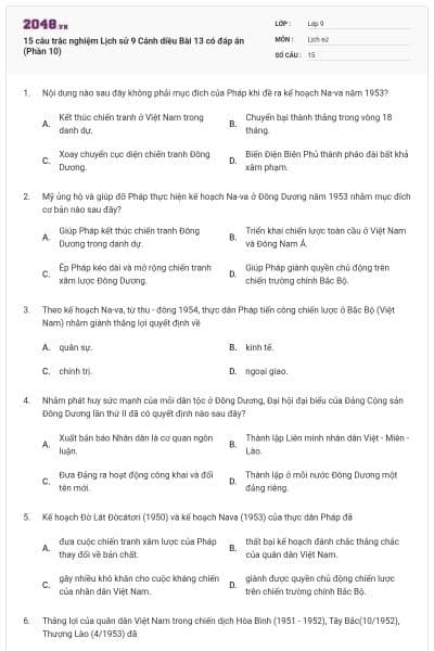 15 câu trắc nghiệm Lịch sử 9 Cánh diều Bài 13 có đáp án (Phần 10)
