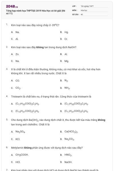 Tổng hợp minh họa THPTQG 2019 Hóa Học có lời giải (Đề số 11)