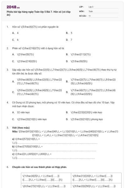 Phiếu bài tập hàng ngày Toán lớp 5 Bài 7. Hỗn số (có đáp án)