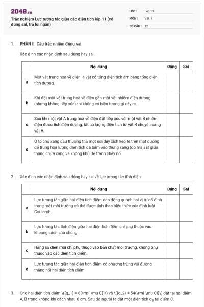 Trắc nghiệm Lực tương tác giữa các điện tích lớp 11 (có đúng sai, trả lời ngắn)