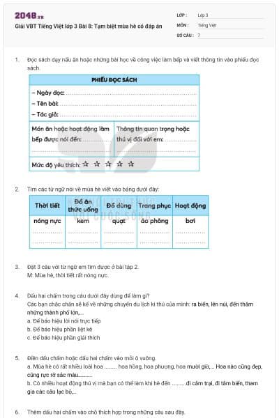 Giải VBT Tiếng Việt lớp 3 Bài 8: Tạm biệt mùa hè có đáp án