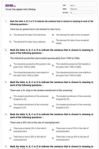 15 câu  Trắc nghiệm Unit 2 Writing