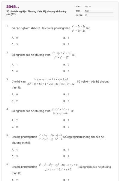 50 câu trắc nghiệm Phương trình, Hệ phương trình nâng cao (P2)