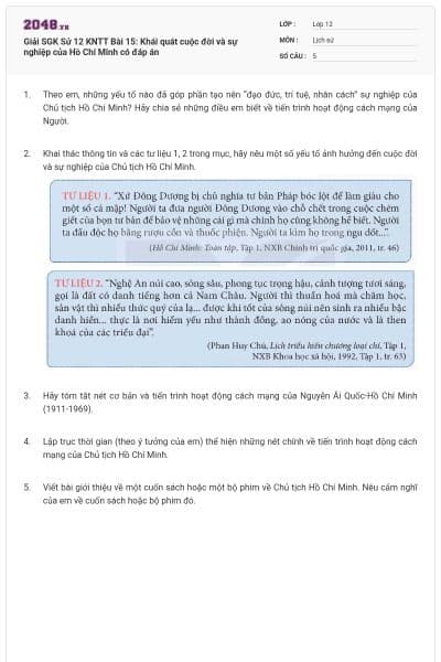 Giải SGK Sử 12 KNTT Bài 15: Khái quát cuộc đời và sự nghiệp của Hồ Chí Minh có đáp án