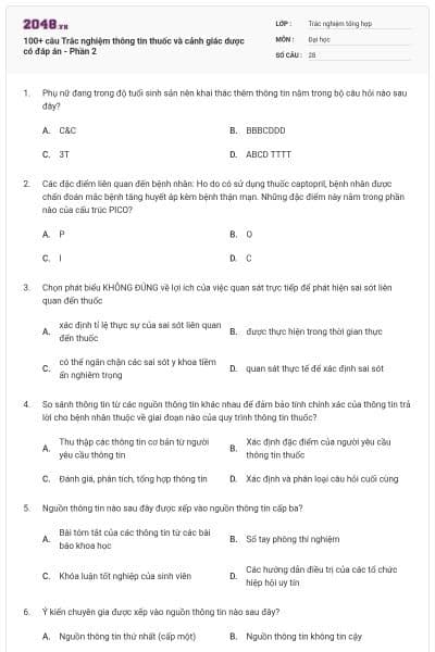 100+ câu Trắc nghiệm thông tin thuốc và cảnh giác dược có đáp án - Phần 2