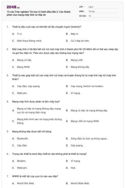 15 câu Trắc nghiệm Tin học 6 Cánh diều Bài 2: Các thành phần của mạng máy tính có đáp án