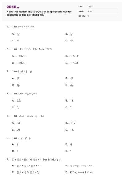 7 câu Trắc nghiệm Thứ tự thực hiện các phép tính. Quy tắc dấu ngoặc có đáp án ( Thông hiểu)