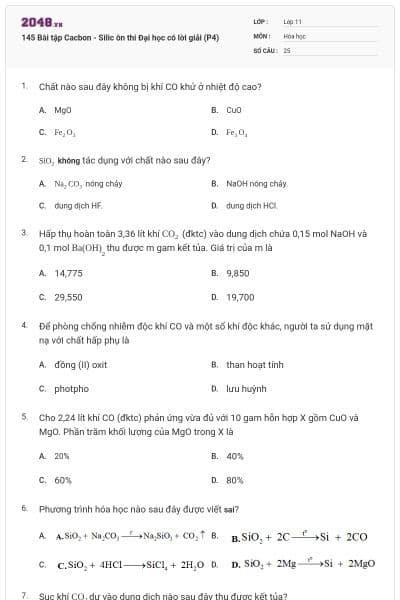 145 Bài tập Cacbon - Silic ôn thi Đại học có lời giải (P4)