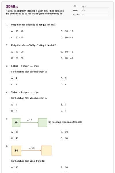 15 câu trắc nghiệm Toán lớp 1 Cánh diều Phép trừ số có hai chữ số cho số có hai chữ số (Tính nhẩm) có đáp án
