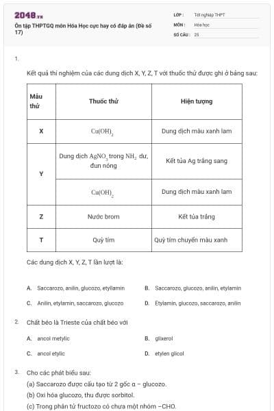 Ôn tập THPTGQ môn Hóa Học cực hay có đáp án (Đề số 17)