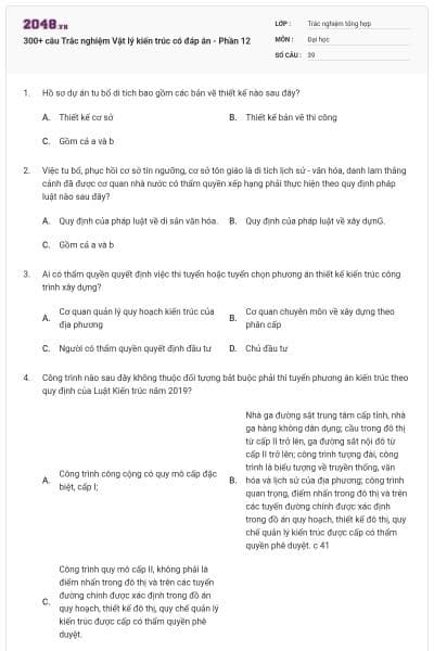300+ câu Trắc nghiệm Vật lý kiến trúc có đáp án - Phần 12