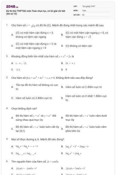 Đề thi thử THPTQG môn Toán chọn lọc, có lời giải chi tiết (Đề số 10)