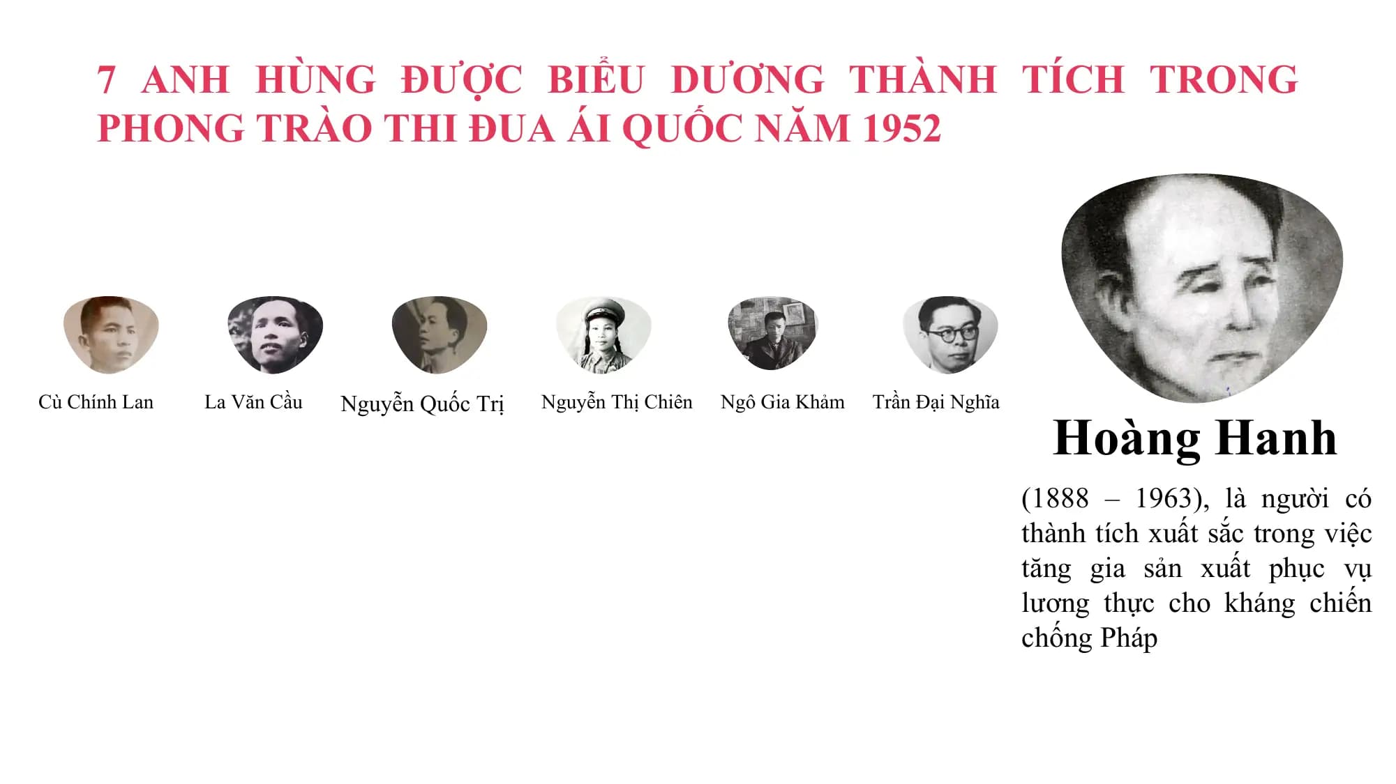 7 ANH HÙNG ĐƯỢC BIỂU DƯƠNG THÀNH TÍCH TRONG
 PHONG TRÀO THI ĐUA ÁI QUỐC NĂM 1952

Cù Chính Lan La Văn Cầu Nguyễn Quốc Trị Nguyễn Thị Chiên Ngô Gia Khảm Trần Đại Nghĩa

 Hoàng Hanh
 (1888 – 1963), là người có
 thành tích xuất sắc trong việc
 tăng gia sản xuất phục vụ
 lương thực cho kháng chiến
 chống Pháp