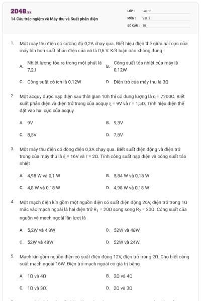 14 Câu trắc ngiệm về Máy thu và Suất phản điện