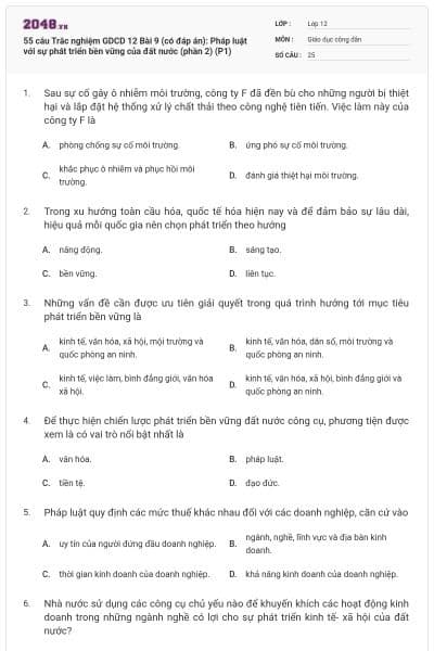 55 câu Trắc nghiệm GDCD 12 Bài 9 (có đáp án): Pháp luật với sự phát triển bền vững của đất nước (phần 2) (P1)