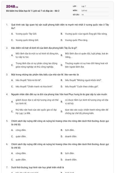 Đề kiểm tra Giữa học kì 1 Lịch sử 7 có đáp án - Đề 2