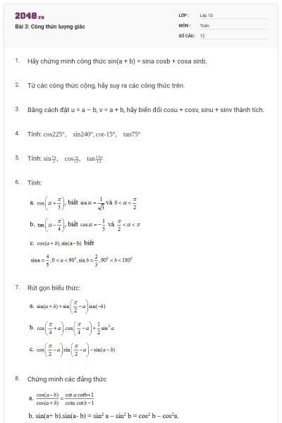 Bài 3: Công thức lượng giác