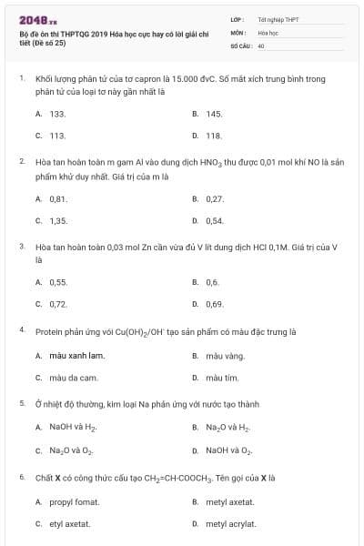 Bộ đề ôn thi THPTQG 2019 Hóa học cực hay có lời giải chi tiết (Đề số 25)