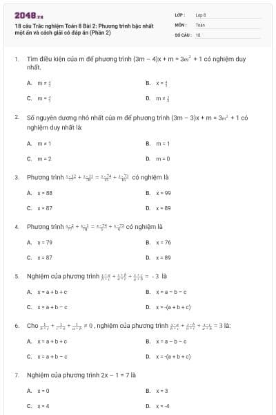 18 câu Trắc nghiệm Toán 8 Bài 2: Phương trình bậc nhất một ẩn và cách giải có đáp án (Phần 2)