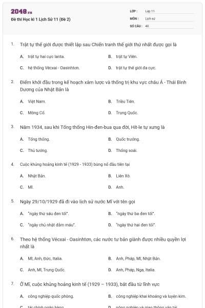Đề thi Học kì 1 Lịch Sử 11 (Đề 2)