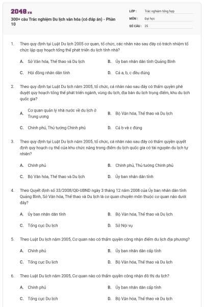 300+ câu Trắc nghiệm Du lịch văn hóa (có đáp án) - Phần 10