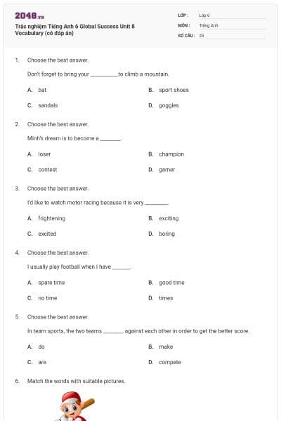 Trắc nghiệm Tiếng Anh 6 Global Success Unit 8 Vocabulary (có đáp án)