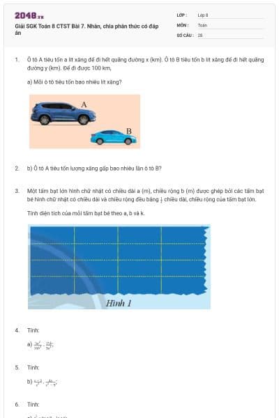 Giải SGK Toán 8 CTST Bài 7. Nhân, chia phân thức có đáp án