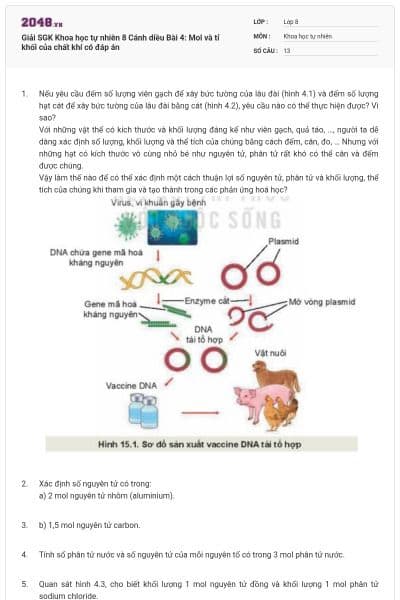 Giải SGK Khoa học tự nhiên 8 Cánh diều Bài 4: Mol và tỉ khối của chất khí có đáp án